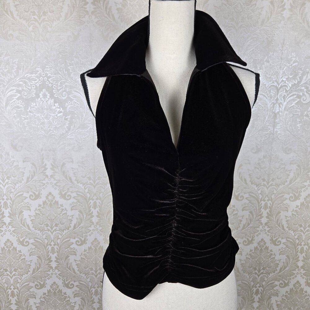 Tadashi Size Medium Dark Chocolate Brown Velvet Top Stand Up Collar Back Zipper